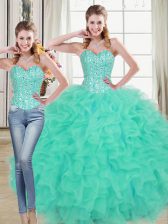  Turquoise Lace Up Quinceanera Dress Beading and Ruffled Layers Sleeveless Brush Train