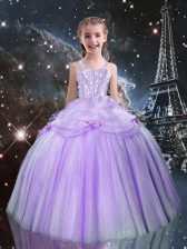 Super Sleeveless Tulle Floor Length Lace Up Little Girl Pageant Gowns in Lilac with Beading