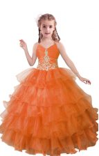  Organza V-neck Sleeveless Zipper Beading and Ruffled Layers Little Girls Pageant Gowns in Orange Red