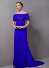 Exceptional Short Sleeves Sweep Train Lace Zipper Prom Gown