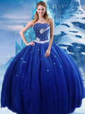 High Quality Royal Blue Ball Gowns Strapless Sleeveless Tulle Floor Length Lace Up Beading Sweet 16 Dress