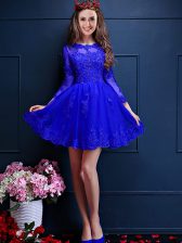 Attractive Blue Lace Up Quinceanera Dama Dress Beading and Lace and Appliques 3 4 Length Sleeve Mini Length