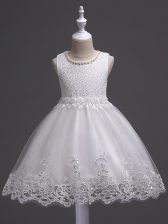  Knee Length White Little Girls Pageant Dress Tulle Sleeveless Lace