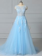 Baby Blue Empire Scoop Sleeveless Tulle Brush Train Lace Up Lace Dress for Prom