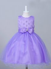 Unique Appliques and Bowknot Kids Pageant Dress Eggplant Purple Zipper Sleeveless Knee Length