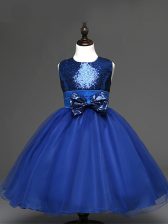  Royal Blue Zipper Scoop Sequins and Bowknot Kids Formal Wear Tulle Sleeveless