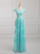  Aqua Blue Empire Beading and Lace and Appliques Prom Dress Lace Up Tulle Short Sleeves Floor Length