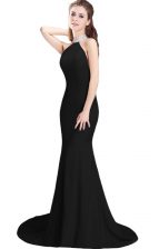 Superior Black Sleeveless Elastic Woven Satin Brush Train Side Zipper Prom Dresses for Prom and Party