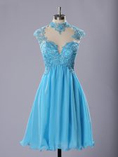 Fashionable Baby Blue Prom Gown Prom and Party with Lace and Appliques High-neck Sleeveless Zipper