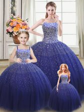  Sleeveless Floor Length Beading Lace Up Ball Gown Prom Dress with Royal Blue