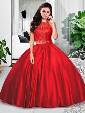 Discount Taffeta Halter Top Sleeveless Zipper Lace and Ruching Quinceanera Gowns in Wine Red