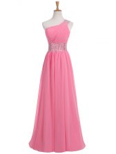Sumptuous Rose Pink Sleeveless Beading and Ruching Floor Length Prom Dress