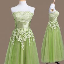 Classical Lace Up Quinceanera Court of Honor Dress Appliques Sleeveless Tea Length