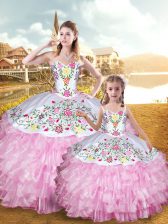Dramatic Rose Pink Sweet 16 Dress Military Ball and Sweet 16 and Quinceanera with Embroidery and Ruffled Layers Sweetheart Sleeveless Lace Up