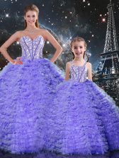 Super Sweetheart Sleeveless Quince Ball Gowns Floor Length Beading and Ruffles Lavender Tulle