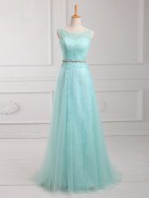  Apple Green Empire Chiffon Scoop Long Sleeves Lace and Belt Floor Length Zipper Prom Evening Gown
