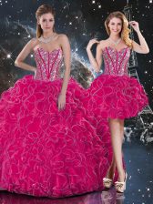 Beauteous Hot Pink Organza Lace Up Sweetheart Sleeveless Floor Length Ball Gown Prom Dress Beading and Ruffles