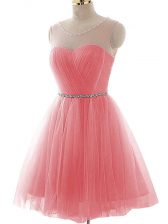 Custom Designed Watermelon Red A-line Scoop Sleeveless Tulle Mini Length Lace Up Ruching Prom Dresses