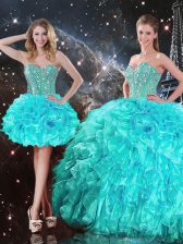  Aqua Blue Sleeveless Organza Lace Up Ball Gown Prom Dress for Military Ball and Sweet 16 and Quinceanera