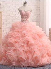 Dramatic Beading and Ruffles Sweet 16 Dress Pink Zipper Sleeveless Floor Length