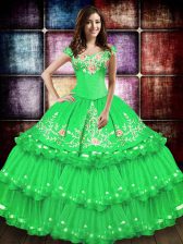  Green Lace Up Off The Shoulder Embroidery and Ruffled Layers Quinceanera Dress Taffeta Sleeveless