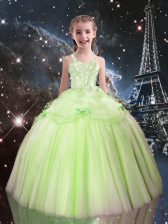  Tulle Straps Sleeveless Lace Up Beading Pageant Gowns For Girls in Yellow Green