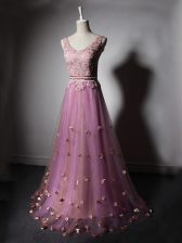  Lilac Tulle Lace Up Evening Dress Sleeveless Sweep Train Beading and Lace and Appliques and Hand Made Flower