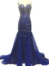 Glamorous Royal Blue Sweetheart Zipper Beading Prom Evening Gown Brush Train Sleeveless
