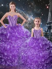 Dazzling Sweetheart Sleeveless Quinceanera Gown Floor Length Beading and Ruffles Eggplant Purple Organza