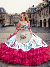 Charming Fuchsia Quinceanera Dresses Military Ball and Sweet 16 and Quinceanera with Embroidery and Ruffled Layers Sweetheart Sleeveless Lace Up