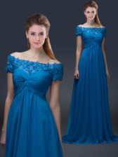 Hot Sale Royal Blue Lace Up Prom Evening Gown Appliques Short Sleeves Floor Length