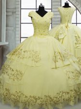 Exquisite Light Yellow Satin and Chiffon Lace Up 15 Quinceanera Dress Cap Sleeves Brush Train Beading and Embroidery