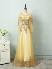Popular Yellow Column/Sheath Beading and Appliques and Belt Zipper Tulle Long Sleeves Floor Length