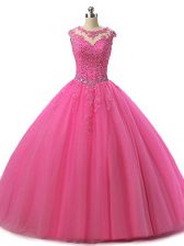  Hot Pink Tulle Lace Up Quinceanera Gowns Sleeveless Floor Length Beading and Lace
