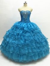  Teal Ball Gowns Beading and Ruffles Sweet 16 Dress Lace Up Organza Sleeveless Floor Length