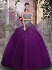  Purple Lace Up Ball Gown Prom Dress Beading Sleeveless Floor Length