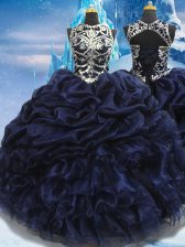  Navy Blue Lace Up 15th Birthday Dress Appliques and Ruffles and Pick Ups Sleeveless Floor Length