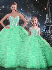 Nice Turquoise Sleeveless Tulle Lace Up 15th Birthday Dress for Military Ball and Sweet 16 and Quinceanera