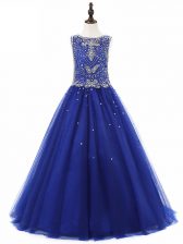 Beauteous Royal Blue Sleeveless Floor Length Beading Lace Up Party Dress for Girls