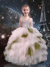 Beauteous Straps Sleeveless Kids Formal Wear Floor Length Beading and Ruffled Layers White Tulle