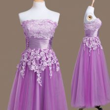  Tea Length Empire Sleeveless Purple Dama Dress for Quinceanera Lace Up