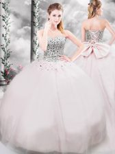  Sweetheart Sleeveless Tulle Quince Ball Gowns Beading and Bowknot Brush Train Lace Up