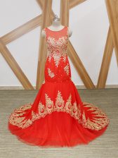 Charming Coral Red Tulle Zipper Sleeveless Brush Train Beading and Lace and Appliques