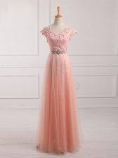 Inexpensive Peach Short Sleeves Tulle and Lace Lace Up Prom Evening Gown for Prom and Military Ball