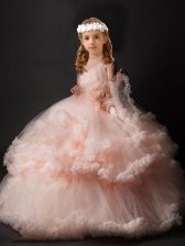 Customized V-neck Sleeveless Child Pageant Dress Brush Train Hand Made Flower Pink Tulle