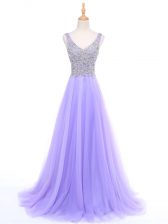 Excellent Lavender Tulle Zipper V-neck Sleeveless Floor Length Prom Evening Gown Beading