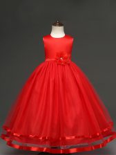 Most Popular Scoop Sleeveless Zipper Pageant Gowns For Girls Red Tulle