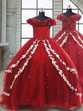 Top Selling Sleeveless Appliques Lace Up Little Girl Pageant Dress with Wine Red Brush Train