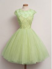 Delicate Yellow Green Cap Sleeves Tulle Lace Up Dama Dress for Quinceanera for Prom and Party and Wedding Party