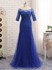 Flirting Royal Blue Scoop Zipper Lace and Appliques Evening Dress Half Sleeves